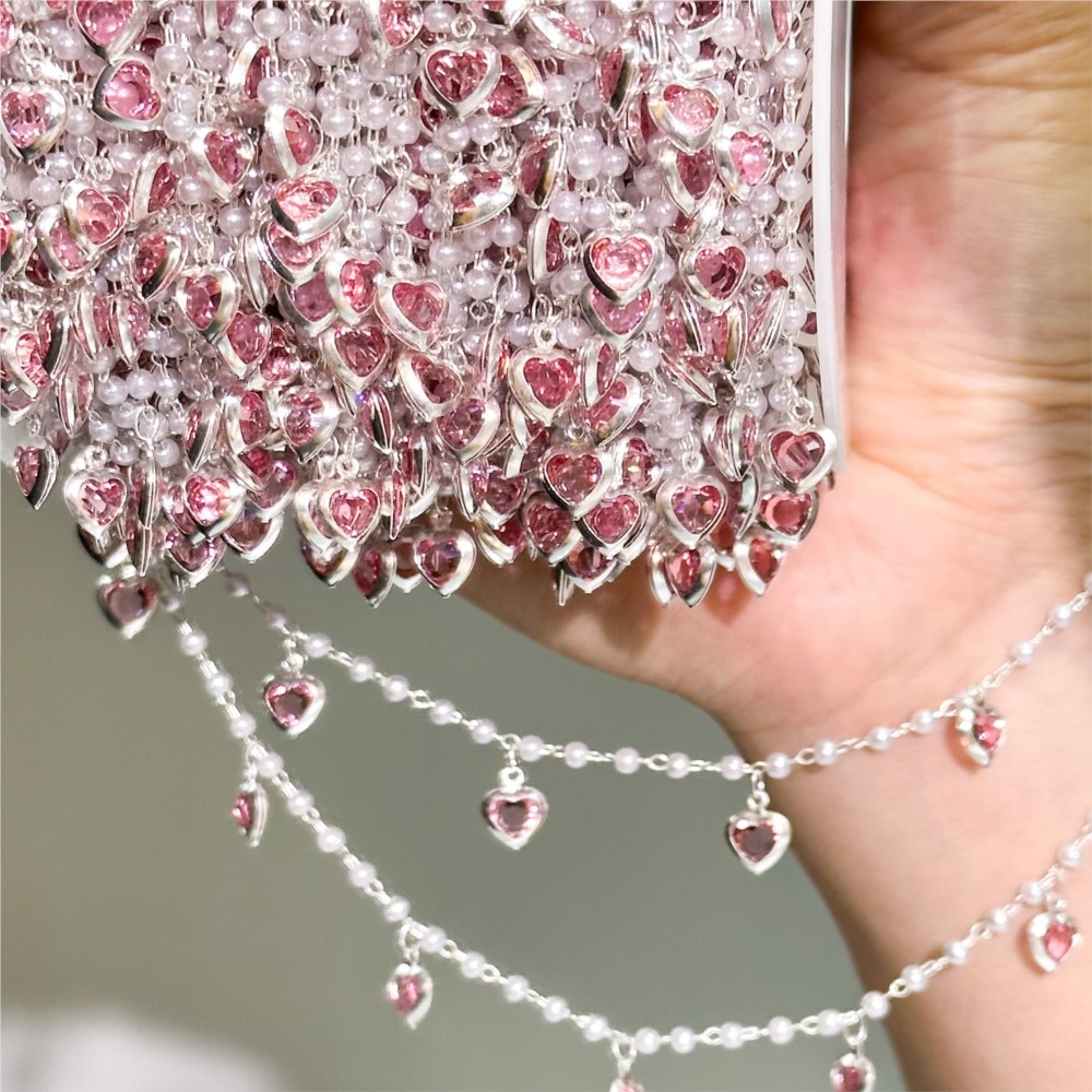 Crystal Choker Necklace - 0.5미터/1미터 핑크 크리스탈 하트 황동 체인