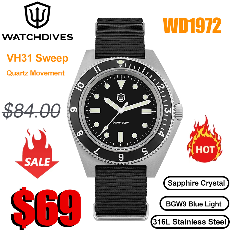 Vintage Pocket Watch - Watchdives WD1972 쿼츠 시계 VH31 스윕