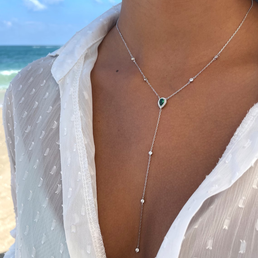 Crystal Choker Necklace - Stonefans 에메랄드 그린 눈물 방울 Lariat