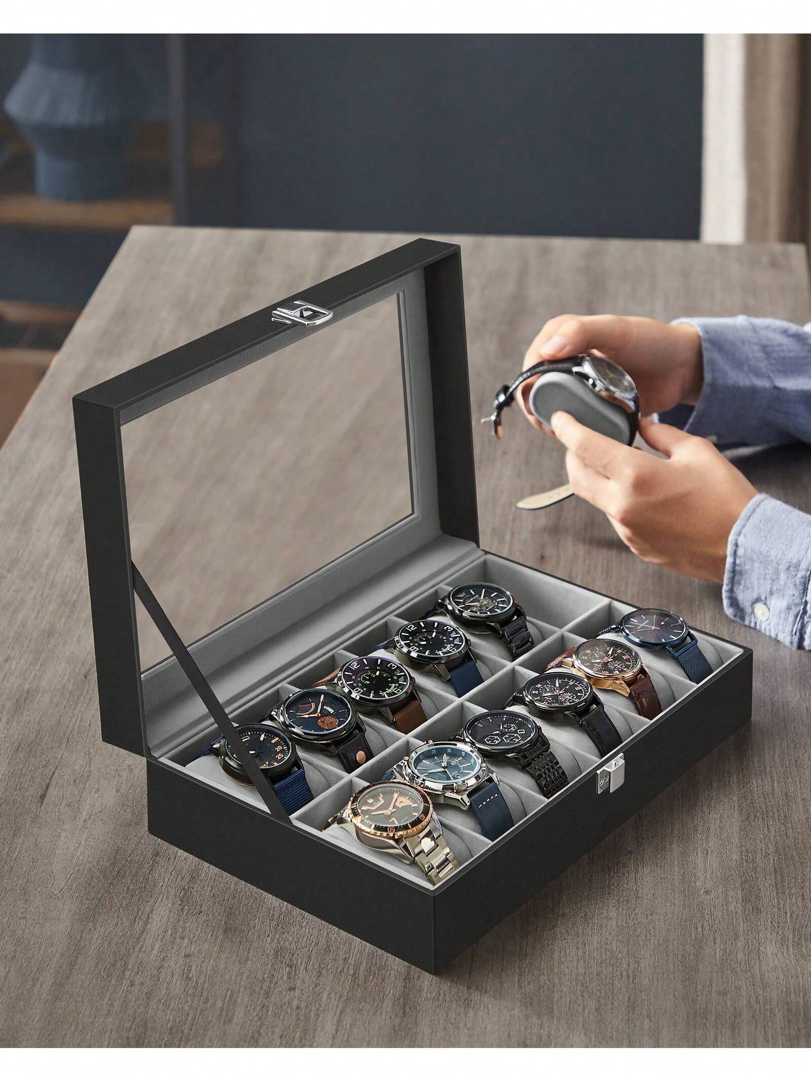 유리 뚜껑과 서랍이 있는 12슬롯 잠금식 시계 상자,  - Jewelry Watches & Accessories 리뷰 및 가격