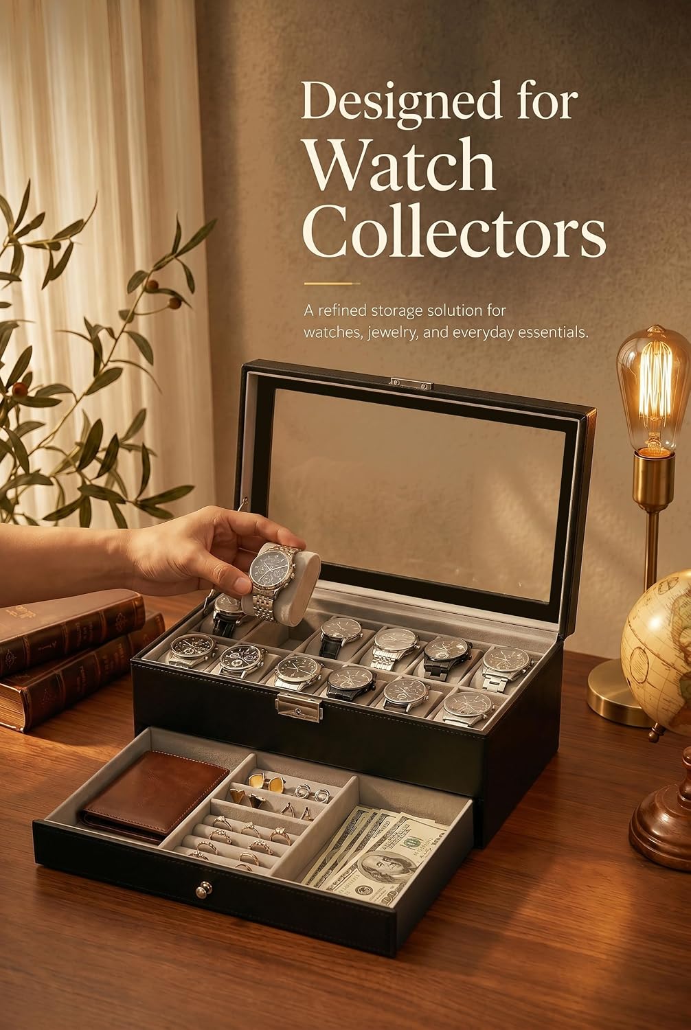 남성용 시계 보관함, 12칸 유리 뚜껑 시계 케이스,  - Jewelry Watches & Accessories 리뷰 및 가격