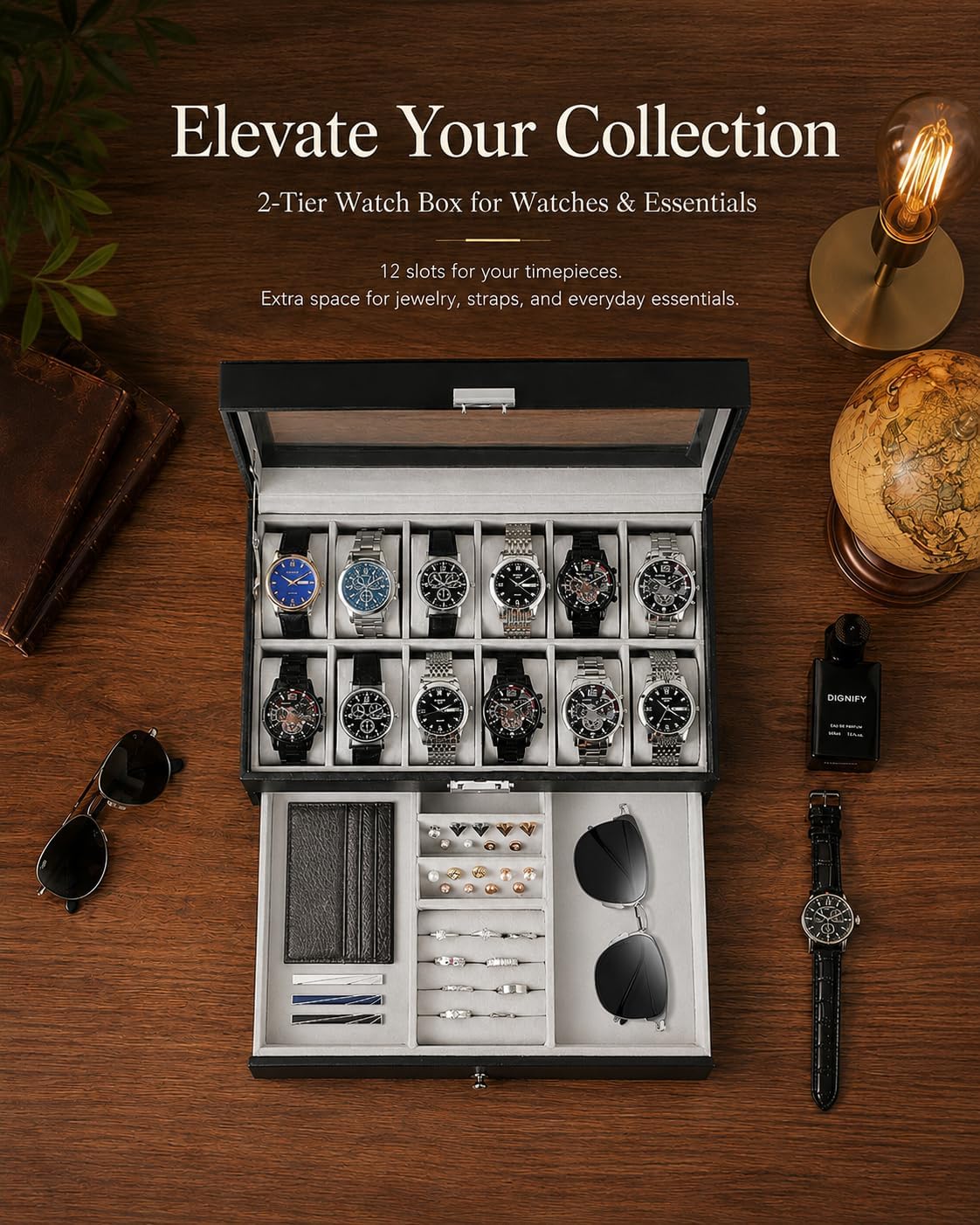 남성용 시계 보관함, 12칸 유리 뚜껑 시계 케이스,  - Jewelry Watches & Accessories 리뷰 및 가격