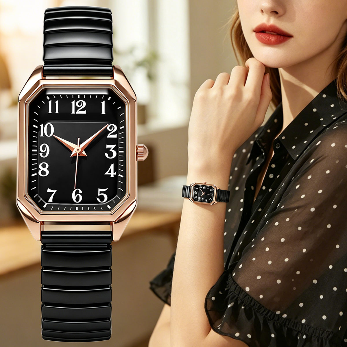 여성용 팔각형 직사각형 쿼츠 시계 투톤 스트레치 메탈  - Jewelry Watches Women 리뷰 및 가격