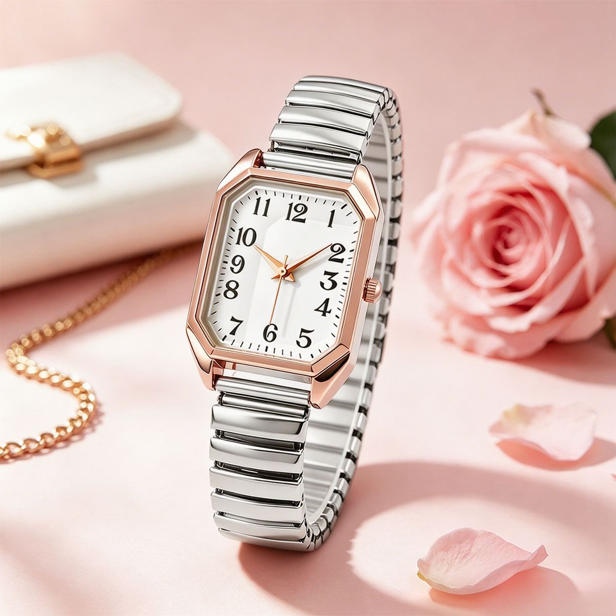 여성용 팔각형 직사각형 쿼츠 시계 투톤 스트레치 메탈  - Jewelry Watches Women 리뷰 및 가격
