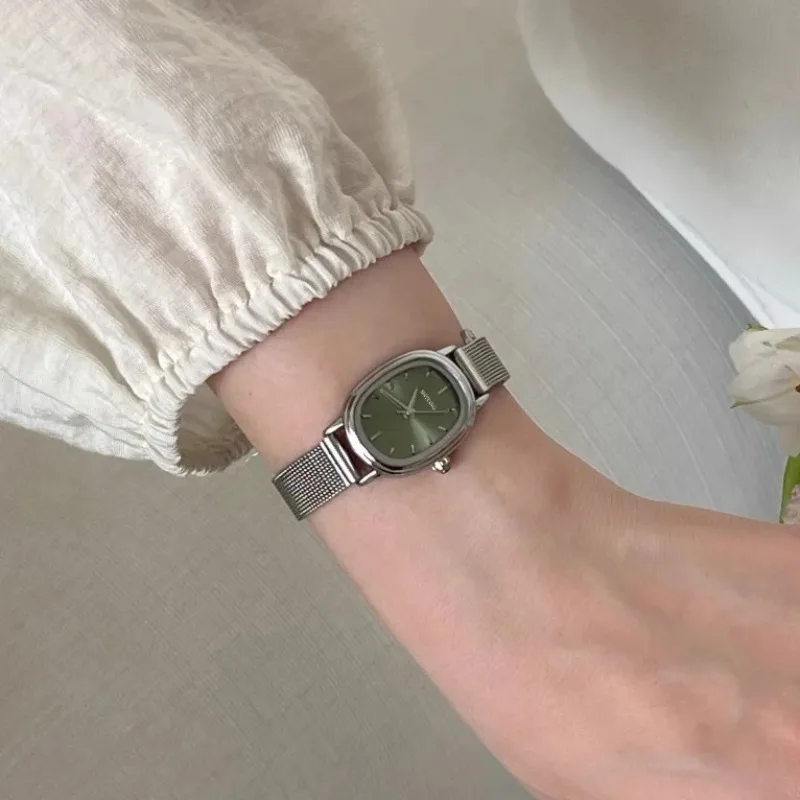 작은 타원형 다이얼 녹색 시계 간단한 스테인레스 스틸  - Jewelry Watches Women 리뷰 및 가격
